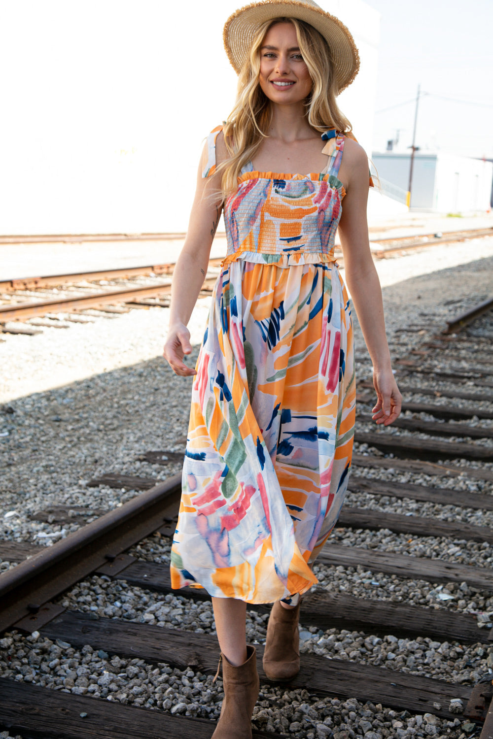 A vibrant multicolor maxi dress featuring a smocked bodice, shoulder tie straps, and ruffle details, perfect for spring occasions.