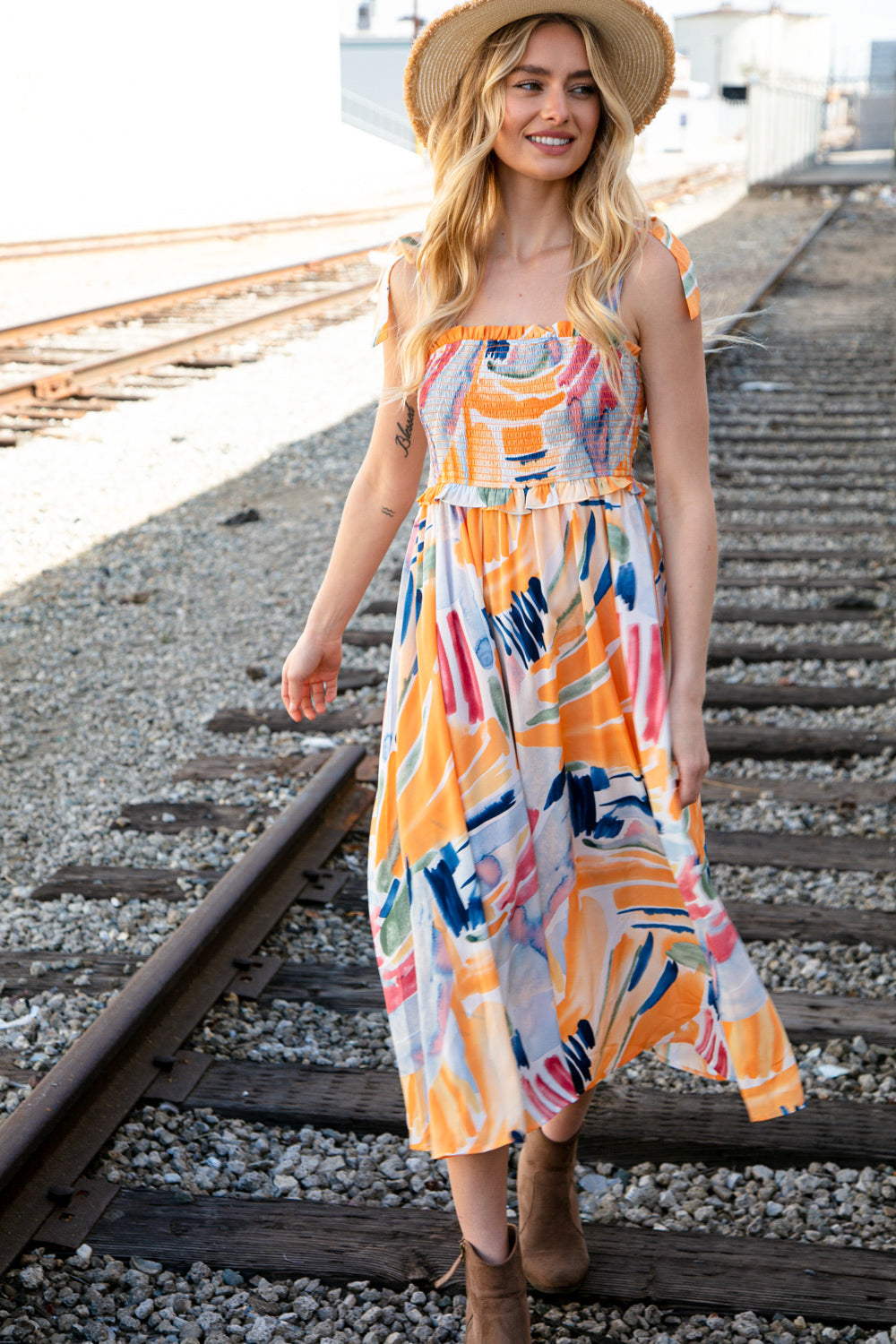 A vibrant multicolor maxi dress featuring a smocked bodice, shoulder tie straps, and ruffle details, perfect for spring occasions.