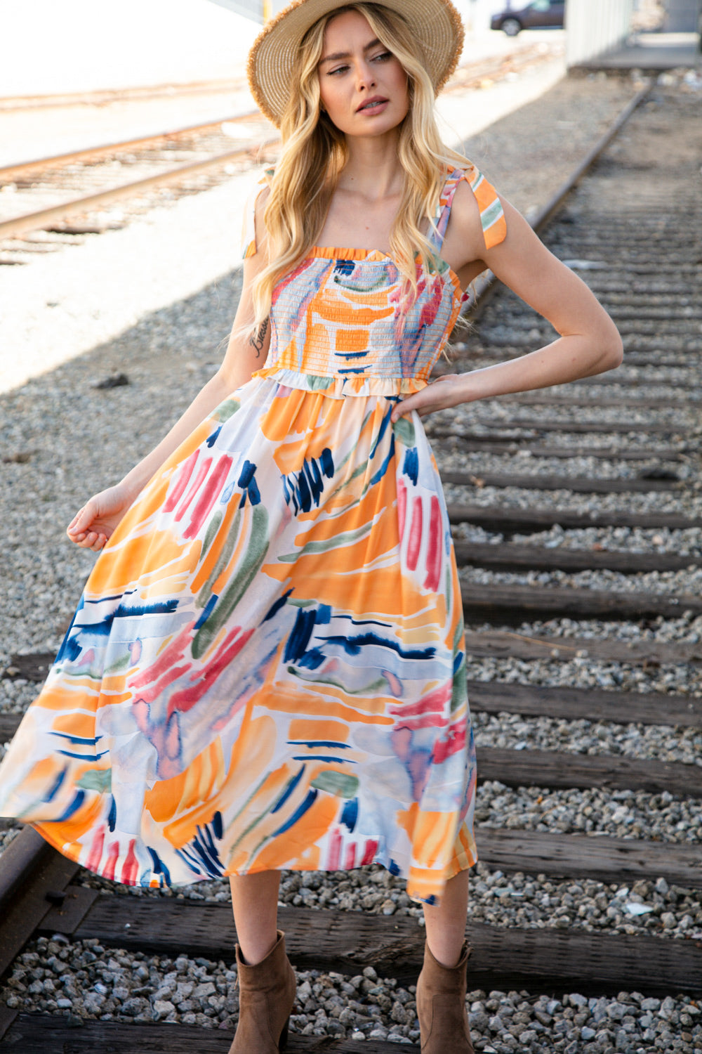 A vibrant multicolor maxi dress featuring a smocked bodice, shoulder tie straps, and ruffle details, perfect for spring occasions.