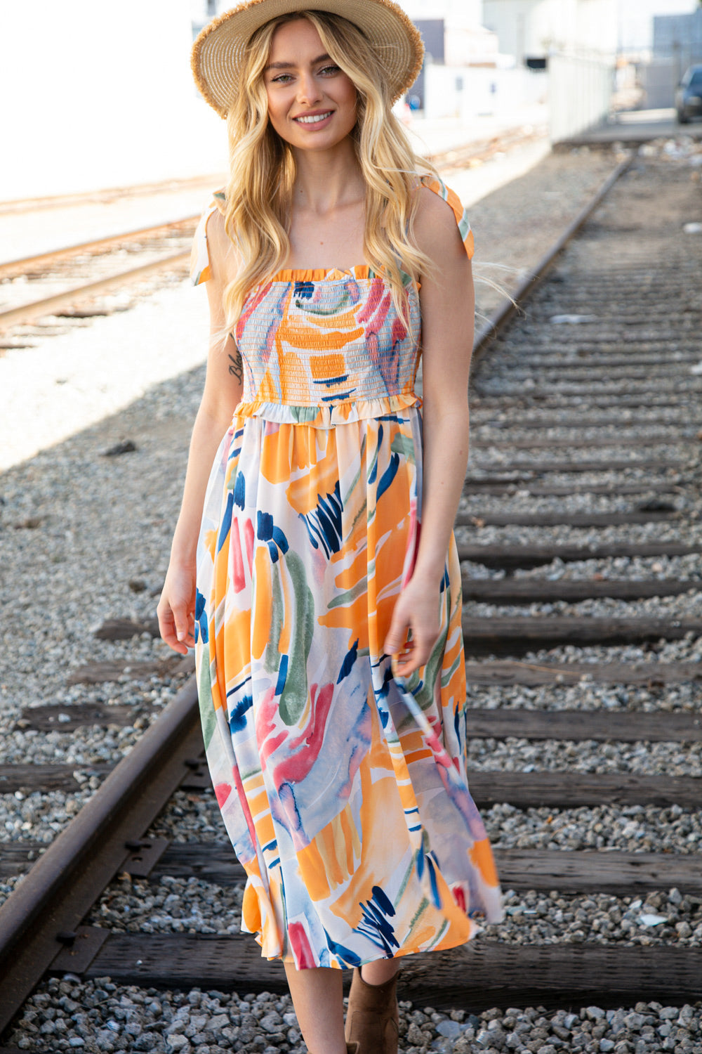 A vibrant multicolor maxi dress featuring a smocked bodice, shoulder tie straps, and ruffle details, perfect for spring occasions.
