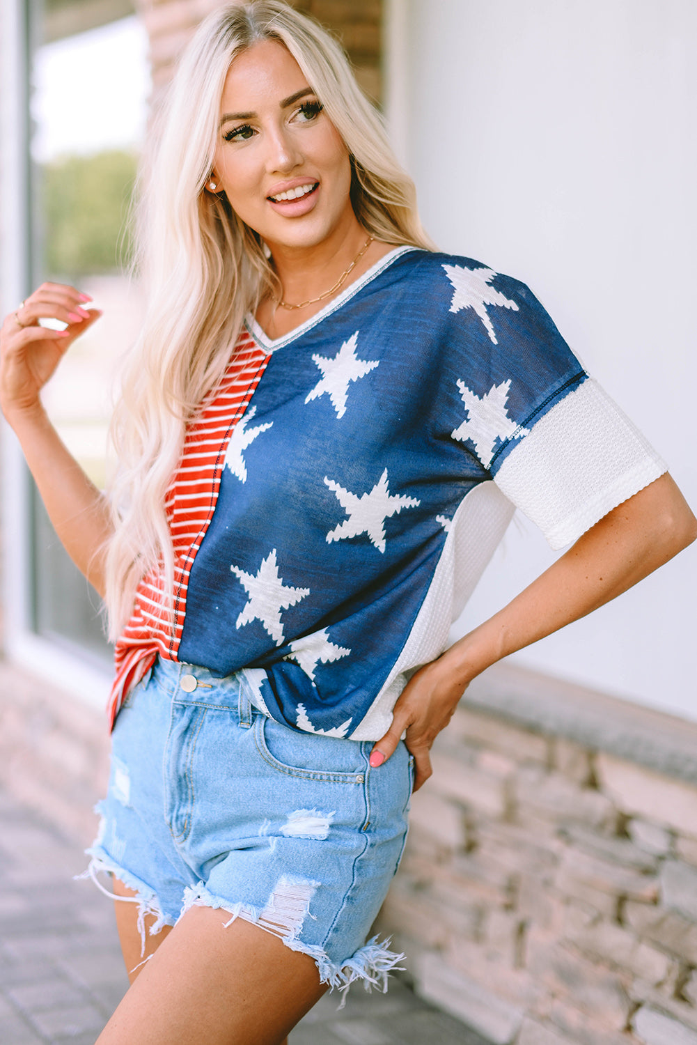 Multicolor Stripes Stars Print Knit Short Sleeves Top featuring vibrant stripes and star patterns, perfect for casual summer wear.