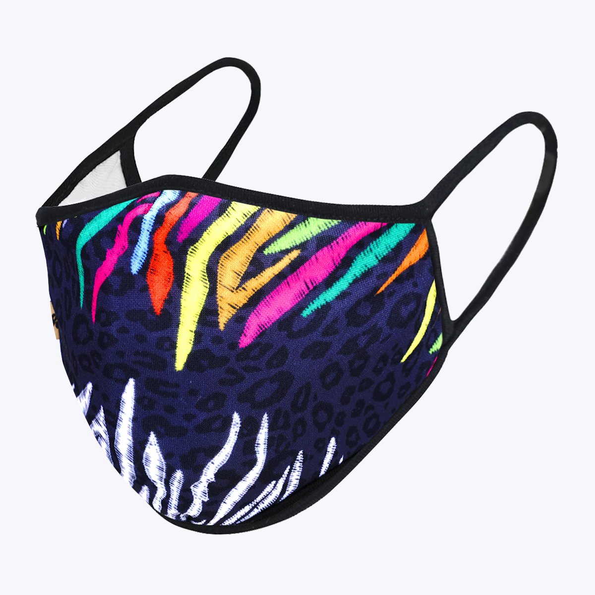 Multi-Colors Cheetah 3-Layered Face Cover showcasing a vibrant cheetah print design, made from polyester and cotton, suitable for unisex wear.