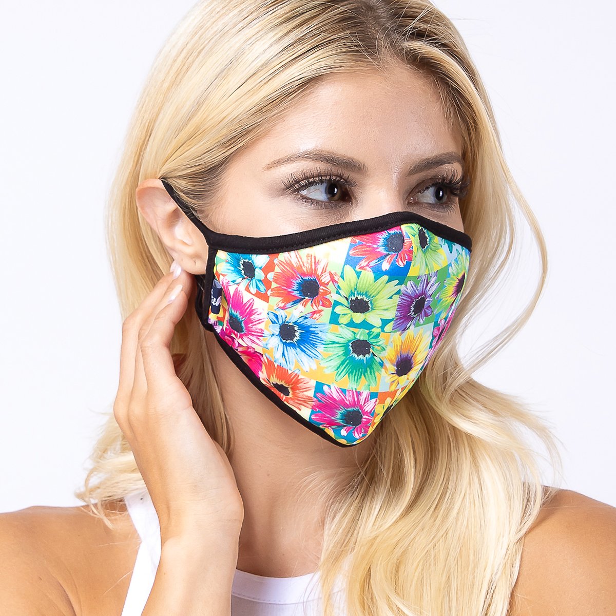 Multi-colors Sun Flower 3-Layered Face Cover featuring a vibrant sunflower print, designed for comfort and protection.