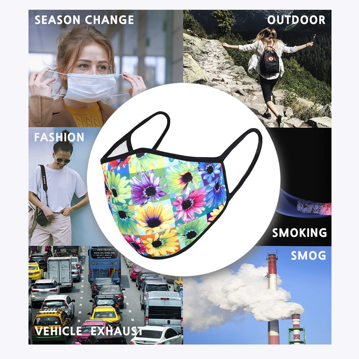 Multi-colors Sun Flower 3-Layered Face Cover featuring a vibrant sunflower print, designed for comfort and protection.