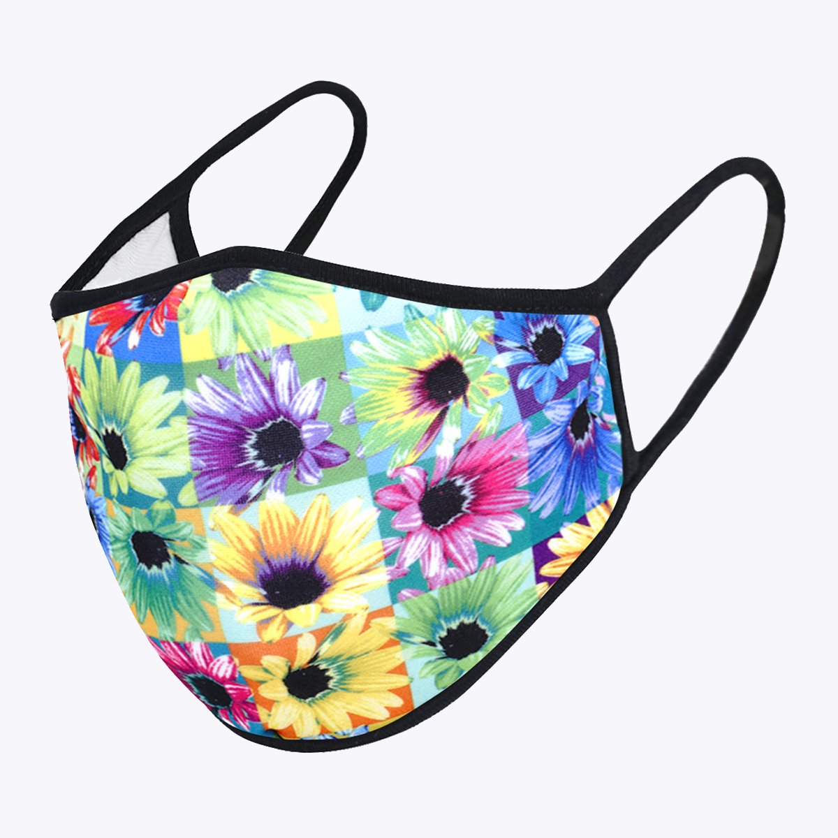 Multi-colors Sun Flower 3-Layered Face Cover featuring a vibrant sunflower print, designed for comfort and protection.