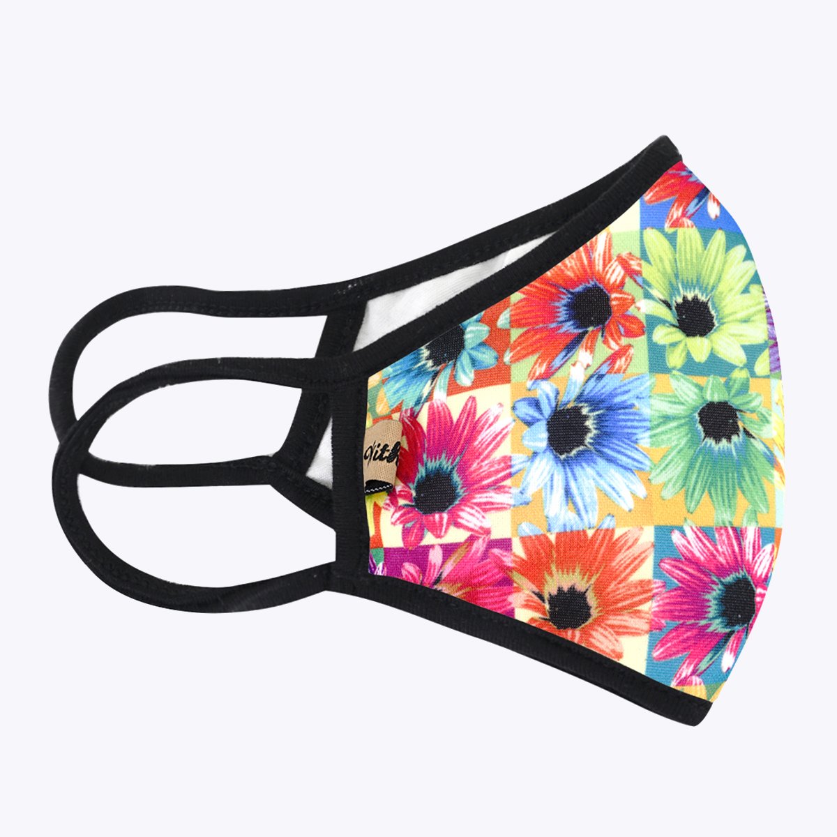 Multi-colors Sun Flower 3-Layered Face Cover featuring a vibrant sunflower print, designed for comfort and protection.