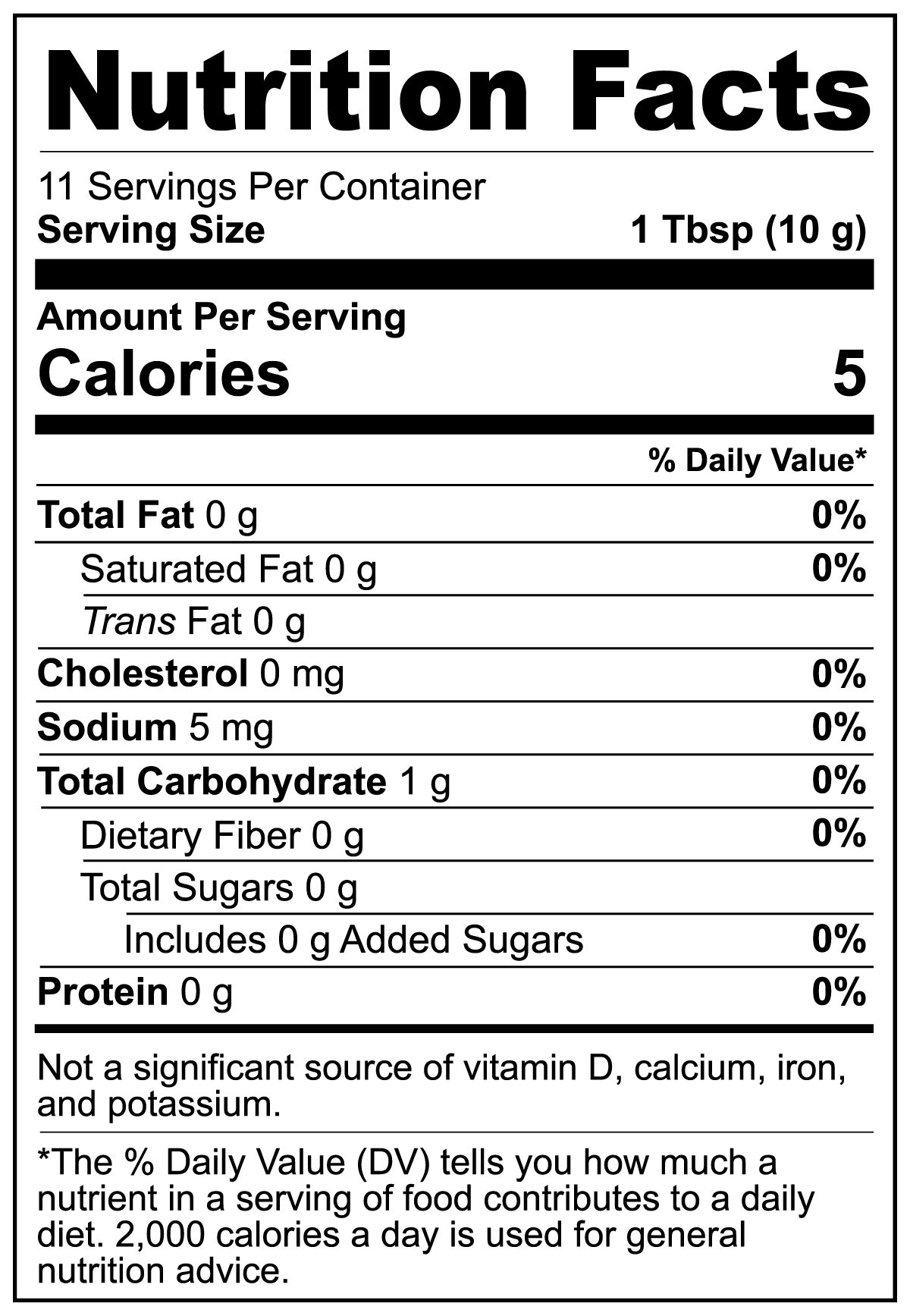 Nutrition facts label, 5 calories.