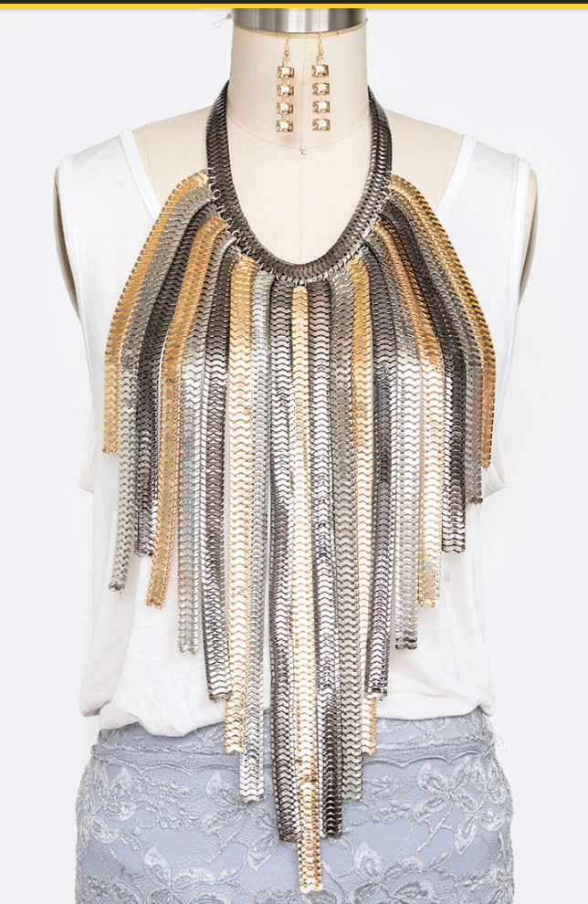 Mystical Armor Necklace Set featuring an 18-inch necklace and 0.35-inch drop earrings, elegantly designed for a magical look.