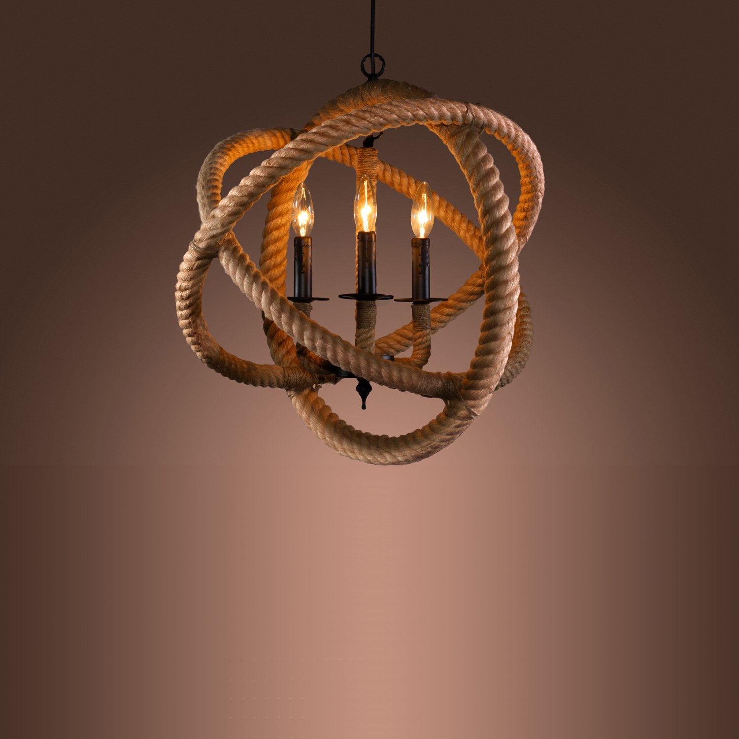 Natalia 3-light Rope Enclosed Chandelier featuring a nautical design with a rope enclosure and three incandescent bulbs.