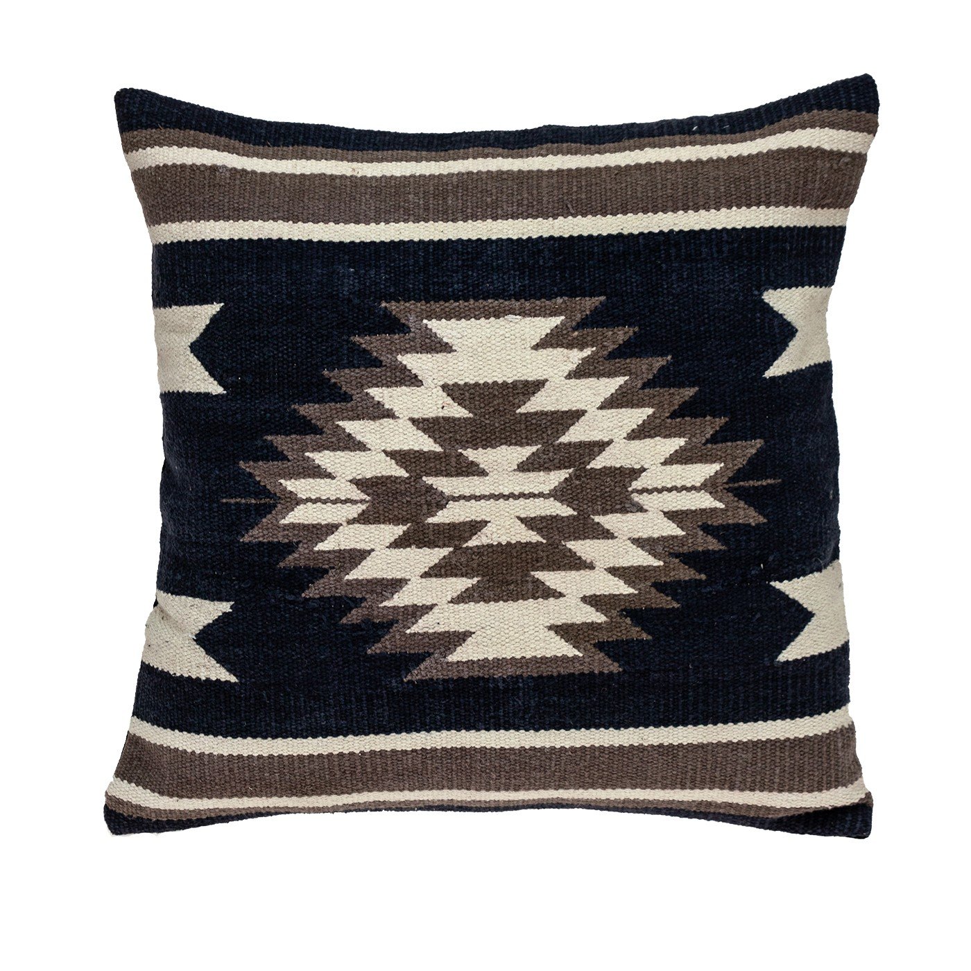 Navy and Brown Aztec Throw Pillow featuring geometric patterns and a zipper closure, perfect for home decor.