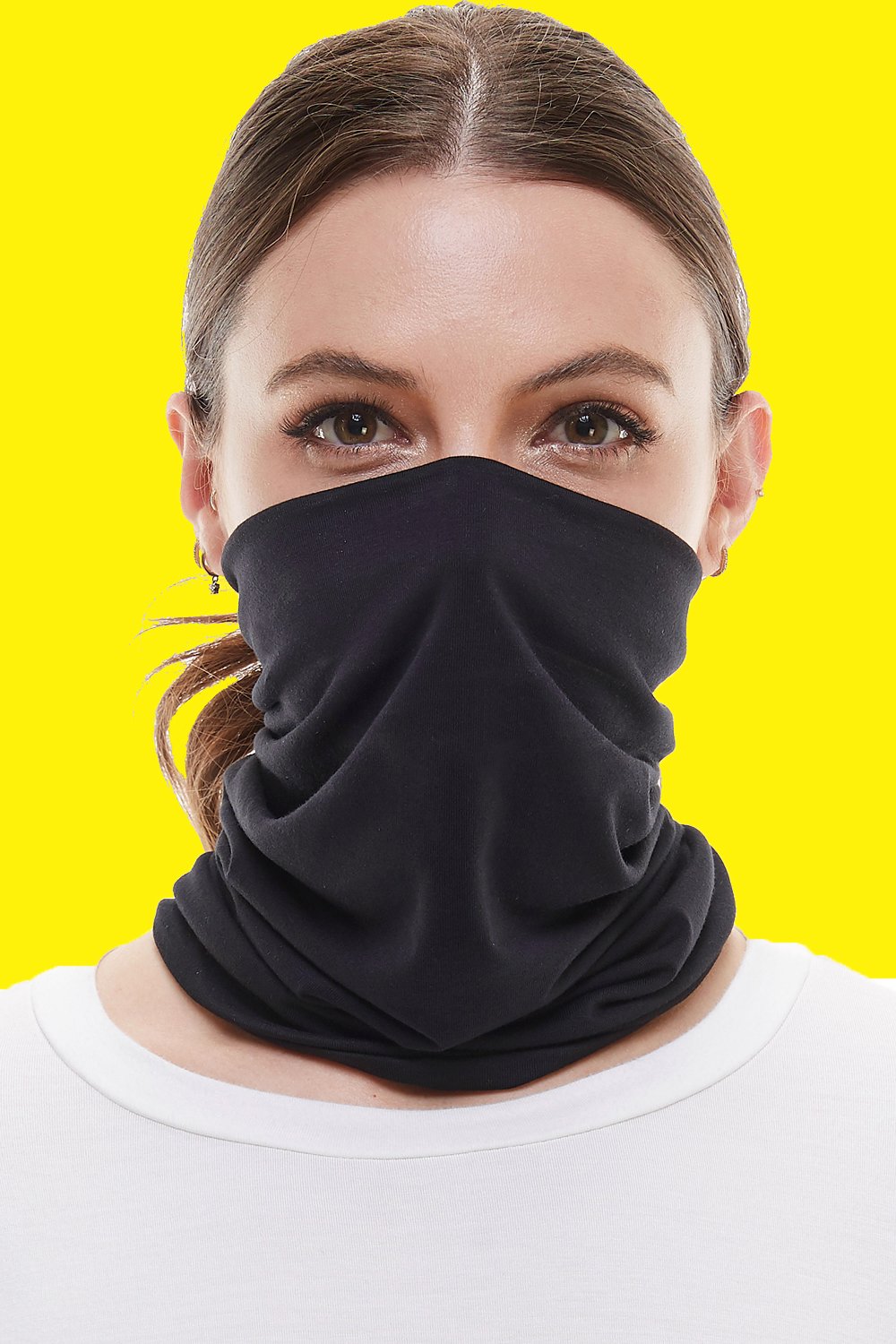 A colorful neck gaiter bandana scarf face mask made from stretchy fabric, designed to cover the mouth and nose comfortably.