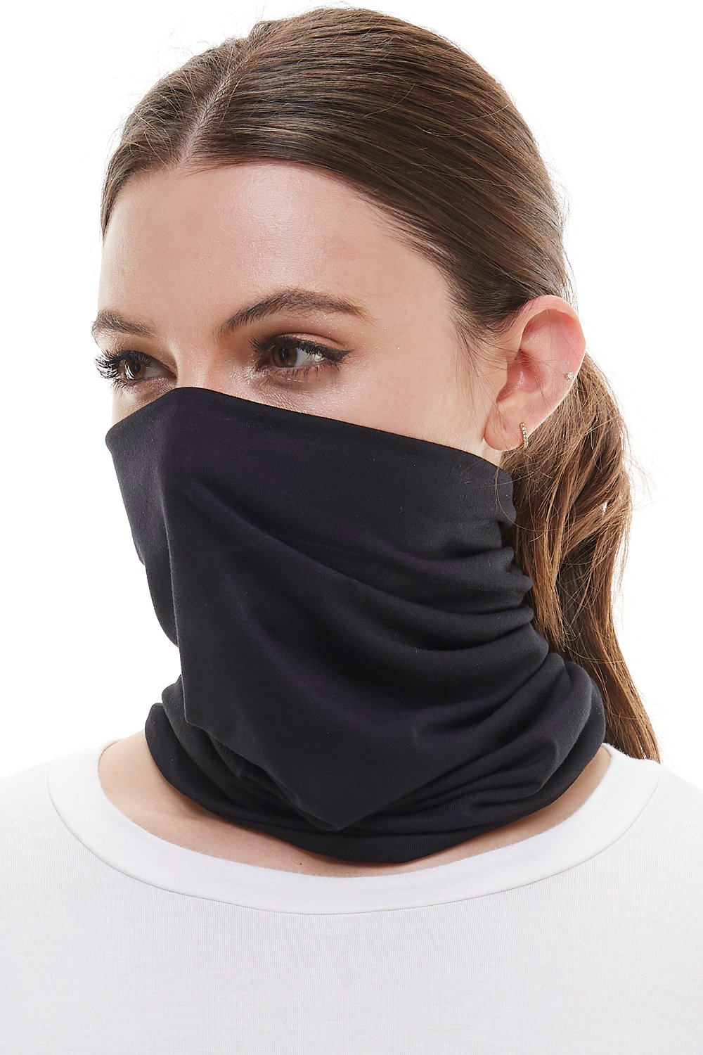A colorful neck gaiter bandana scarf face mask made from stretchy fabric, designed to cover the mouth and nose comfortably.