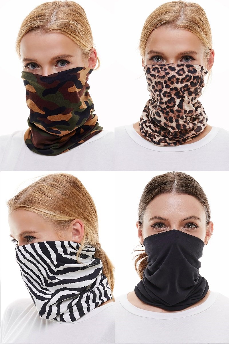 A colorful neck gaiter bandana scarf face mask made from stretchy fabric, designed to cover the mouth and nose comfortably.