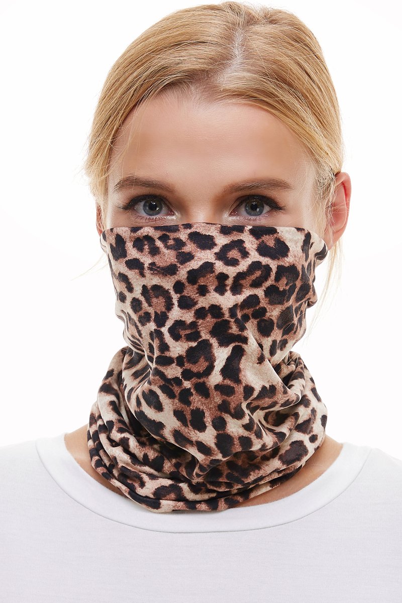 A colorful neck gaiter bandana scarf face mask made from stretchy fabric, designed to cover the mouth and nose comfortably.