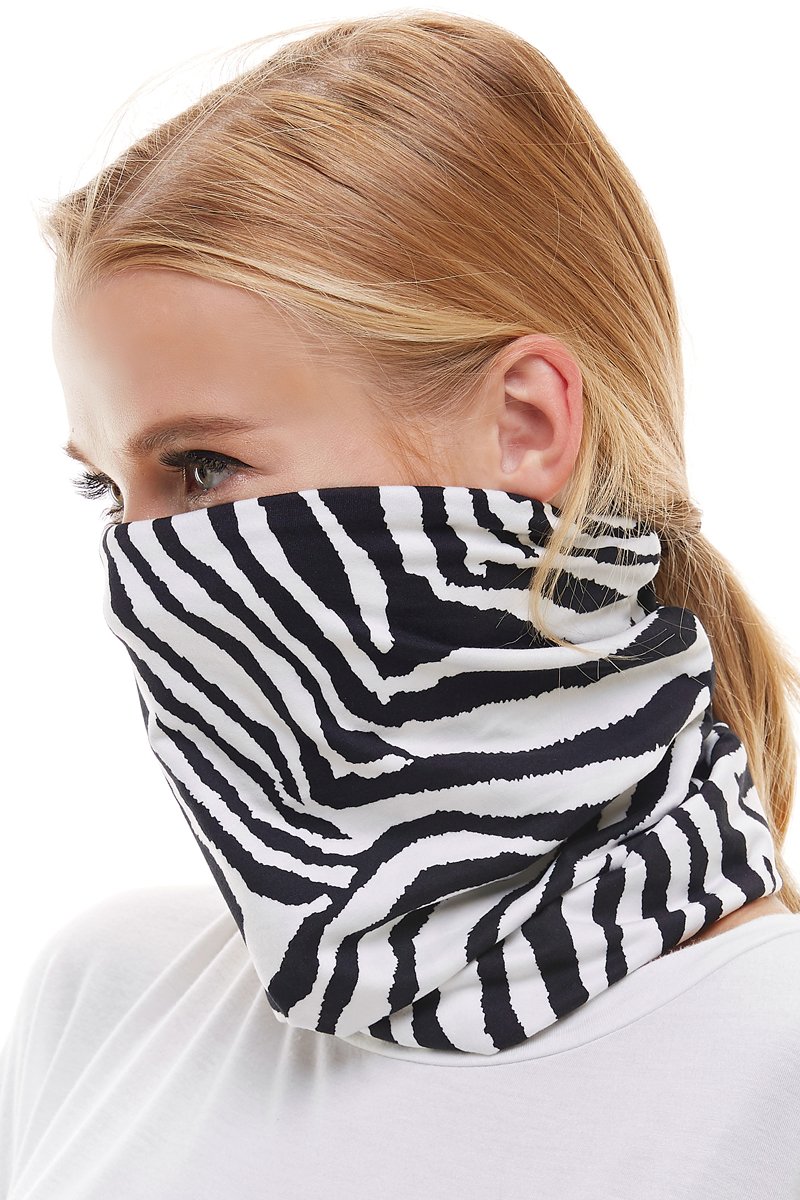 A colorful neck gaiter bandana scarf face mask made from stretchy fabric, designed to cover the mouth and nose comfortably.