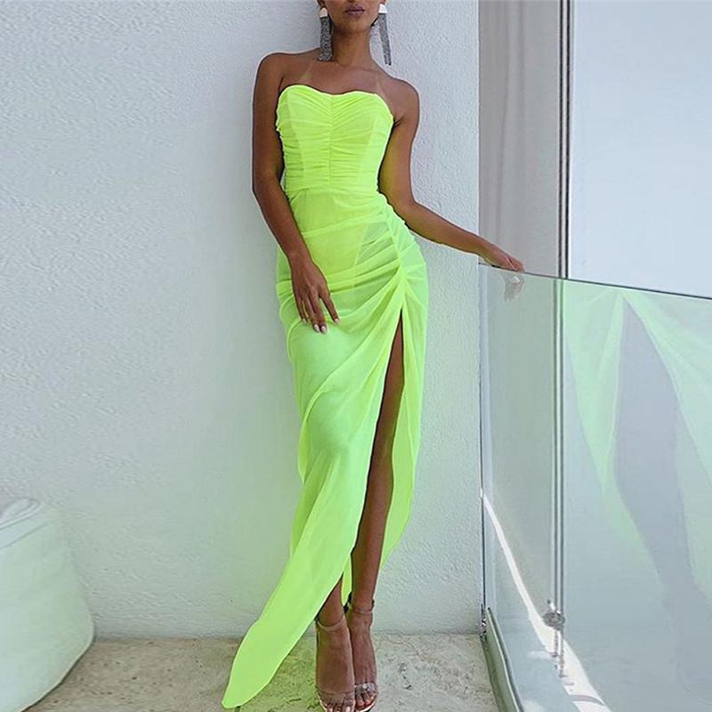 A vibrant neon pleated split long dress for women, featuring a strapless design and elegant A-line silhouette, perfect for summer occasions.