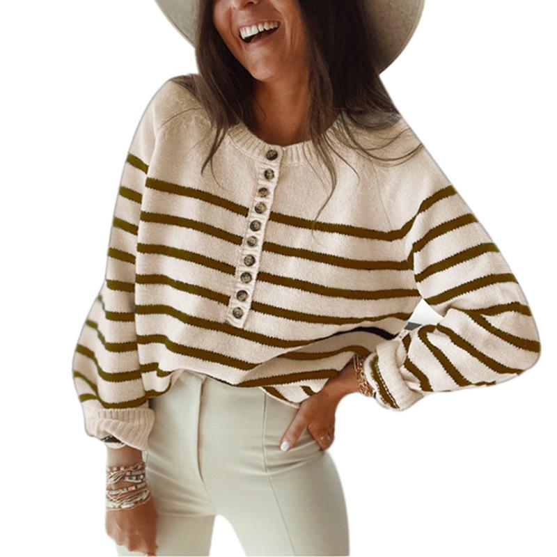 A stylish striped pullover top cardigan featuring buttons, made from soft acrylic fiber, perfect for layering and versatile fashion.