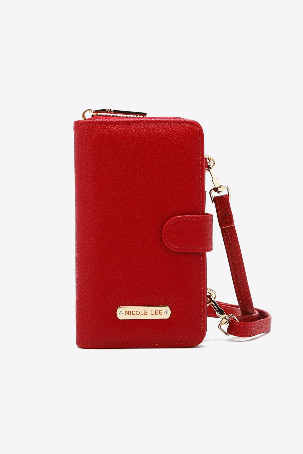 Nicole Lee USA Two-Piece Crossbody Phone Case Wallet in pebbled vegan leather, featuring a universal phone holder and multiple card slots.