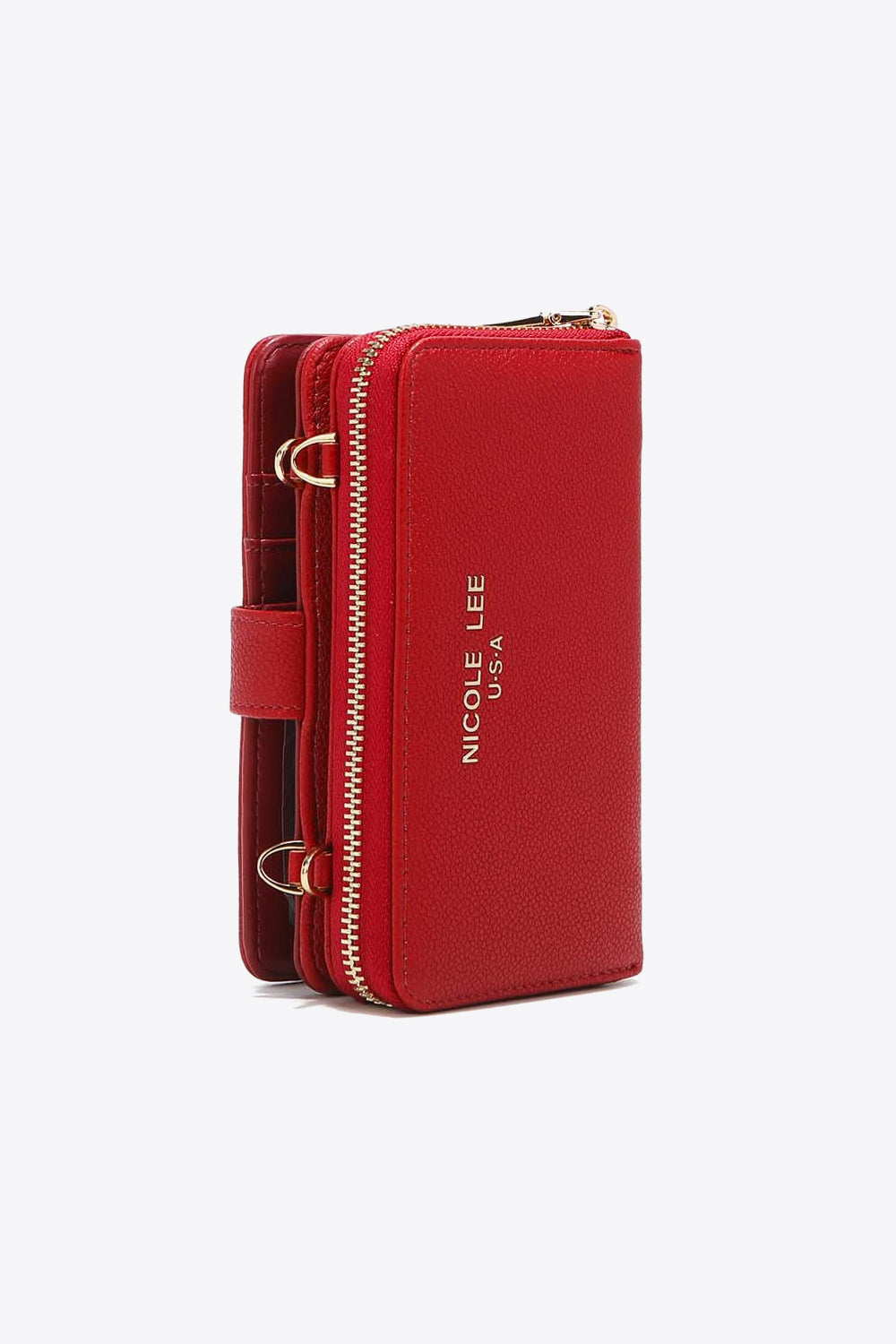 Nicole Lee USA Two-Piece Crossbody Phone Case Wallet in pebbled vegan leather, featuring a universal phone holder and multiple card slots.