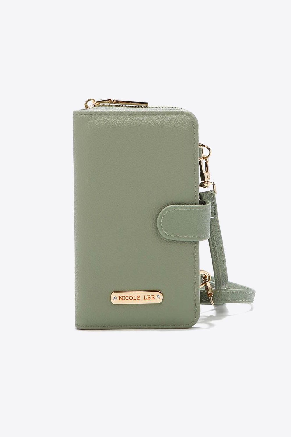 Nicole Lee USA Two-Piece Crossbody Phone Case Wallet in pebbled vegan leather, featuring a universal phone holder and multiple card slots.