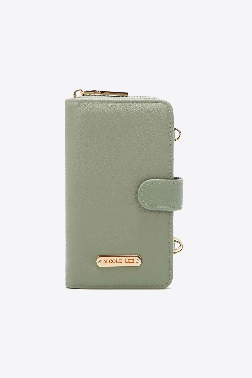 Nicole Lee USA Two-Piece Crossbody Phone Case Wallet in pebbled vegan leather, featuring a universal phone holder and multiple card slots.
