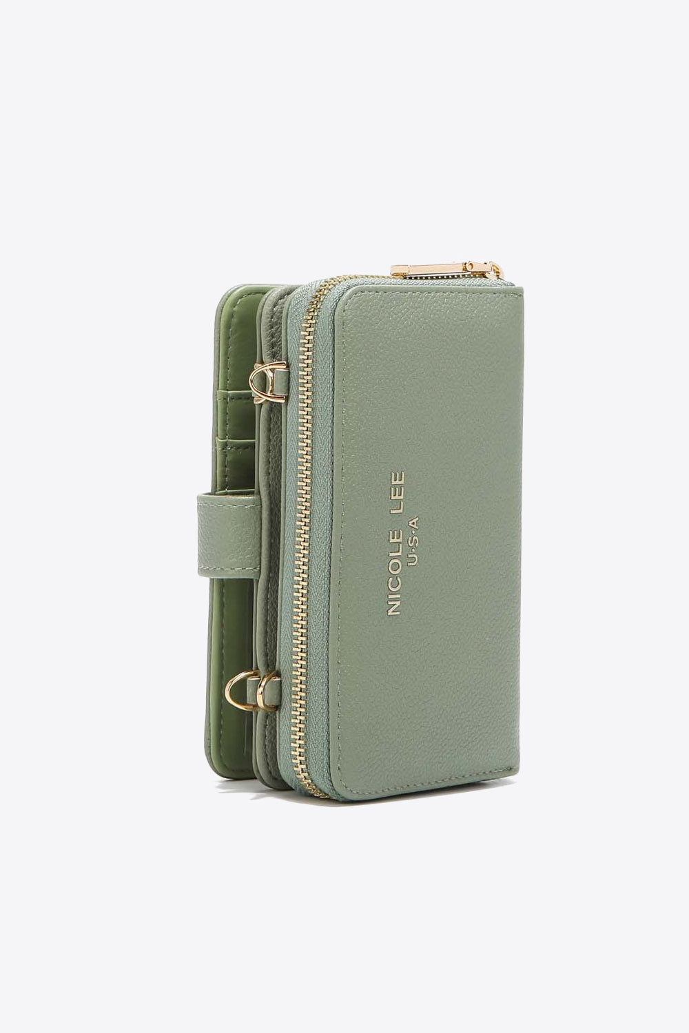Nicole Lee USA Two-Piece Crossbody Phone Case Wallet in pebbled vegan leather, featuring a universal phone holder and multiple card slots.