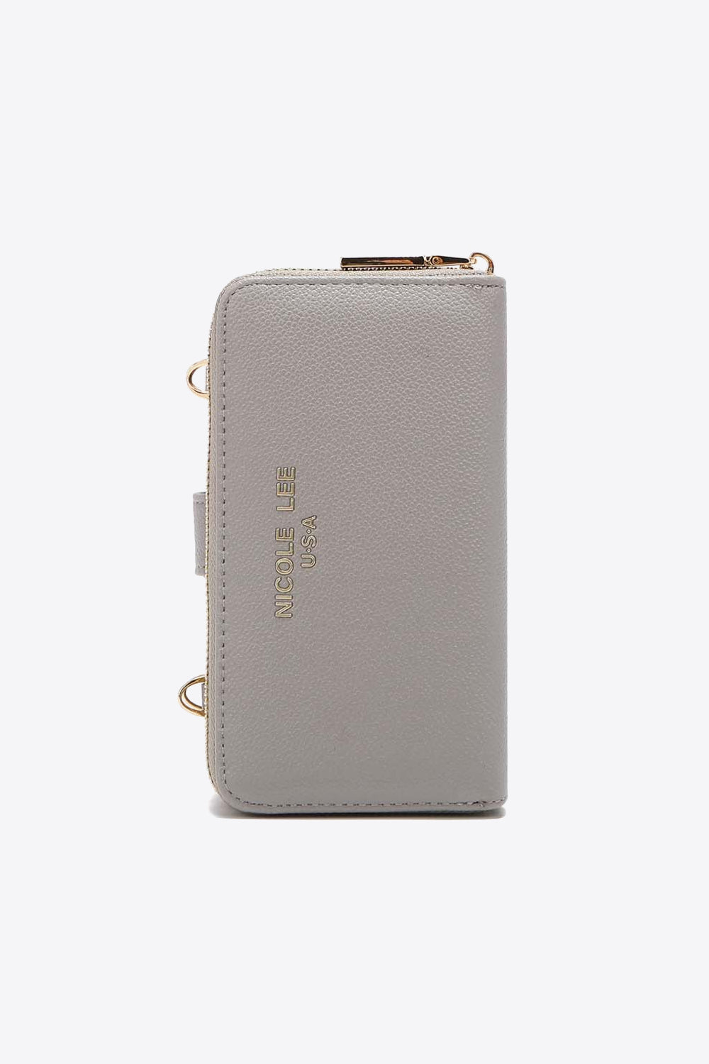 Nicole Lee USA Two-Piece Crossbody Phone Case Wallet in pebbled vegan leather, featuring a universal phone holder and multiple card slots.