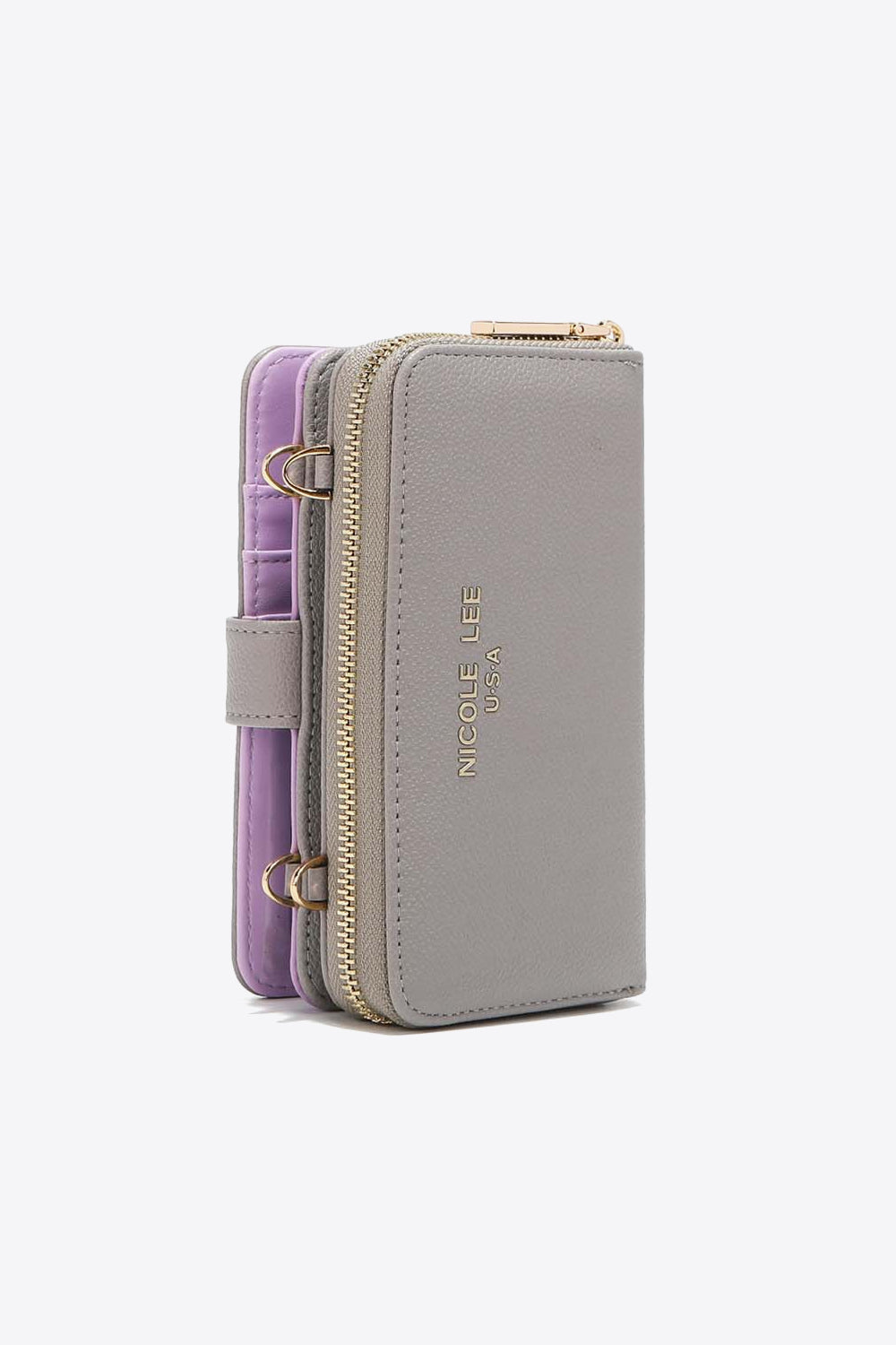 Nicole Lee USA Two-Piece Crossbody Phone Case Wallet in pebbled vegan leather, featuring a universal phone holder and multiple card slots.