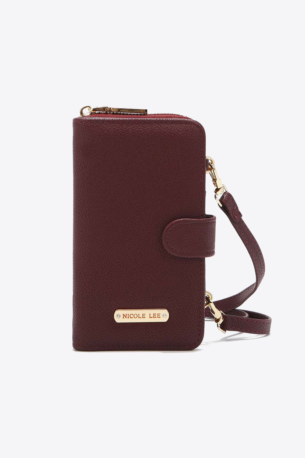 Nicole Lee USA Two-Piece Crossbody Phone Case Wallet in pebbled vegan leather, featuring a universal phone holder and multiple card slots.