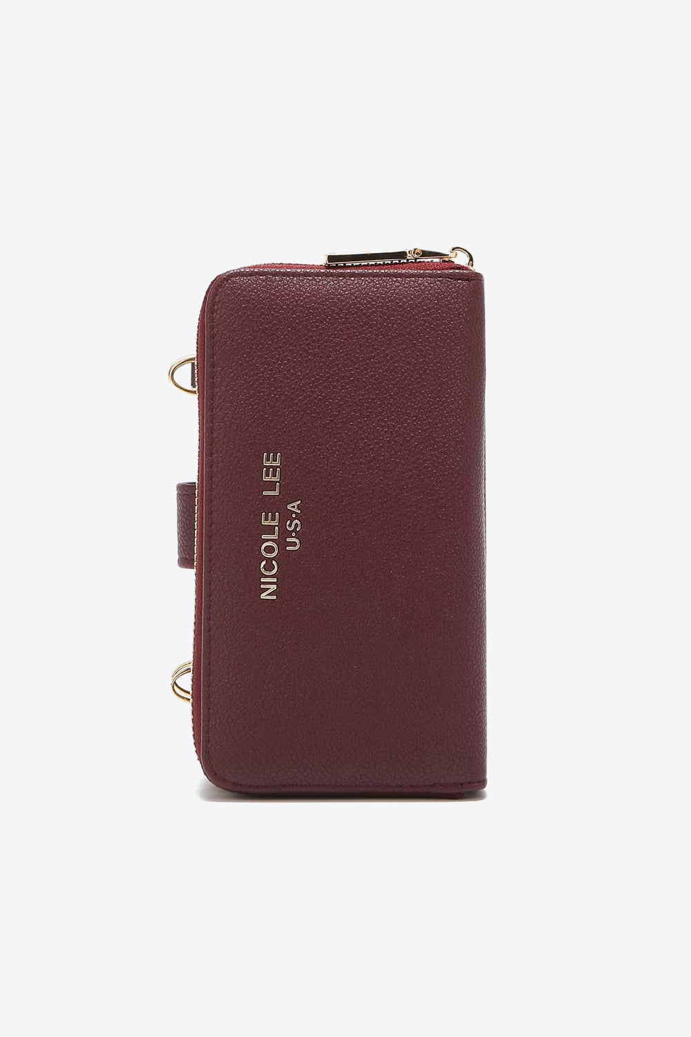 Nicole Lee USA Two-Piece Crossbody Phone Case Wallet in pebbled vegan leather, featuring a universal phone holder and multiple card slots.