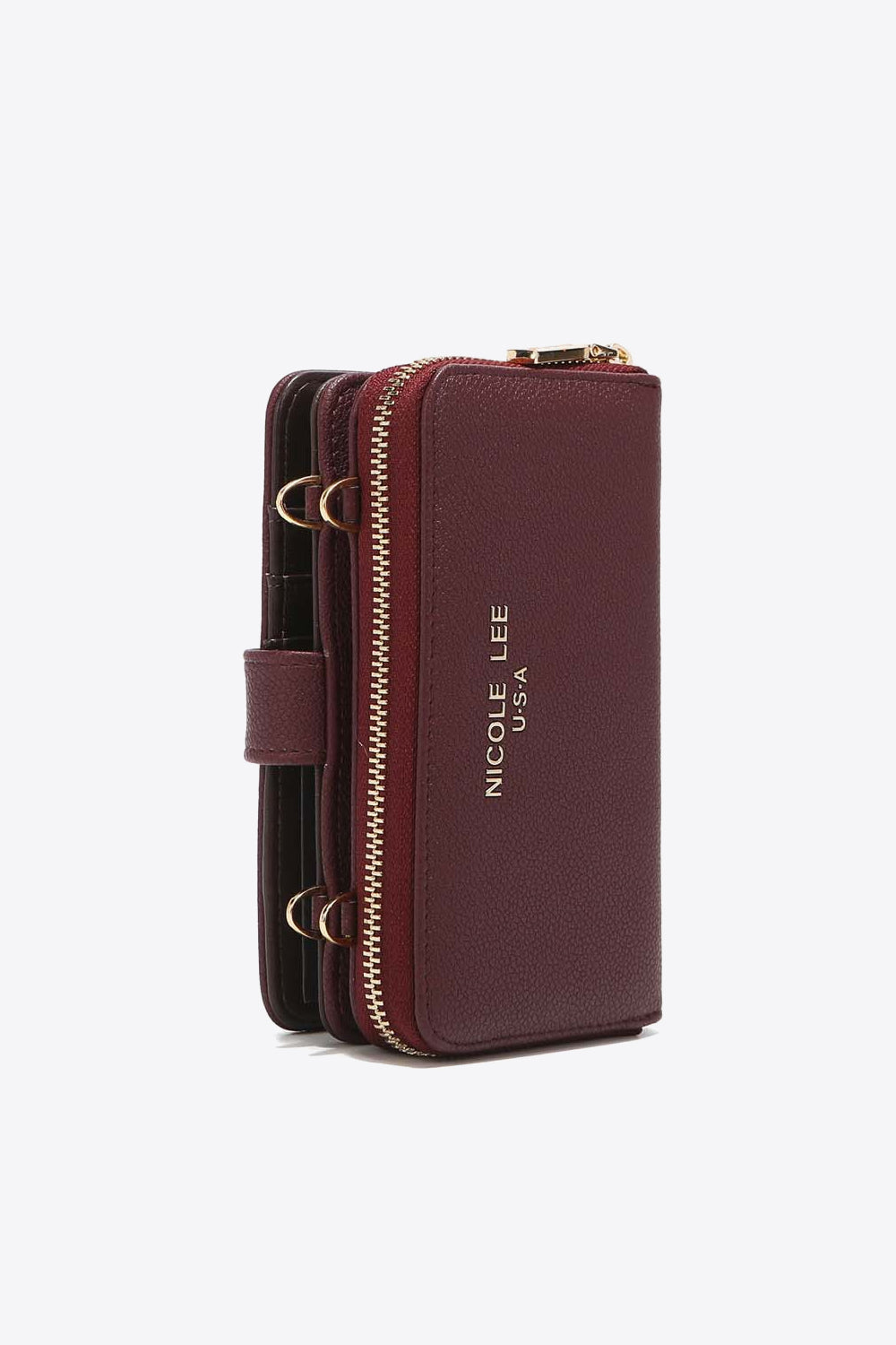 Nicole Lee USA Two-Piece Crossbody Phone Case Wallet in pebbled vegan leather, featuring a universal phone holder and multiple card slots.