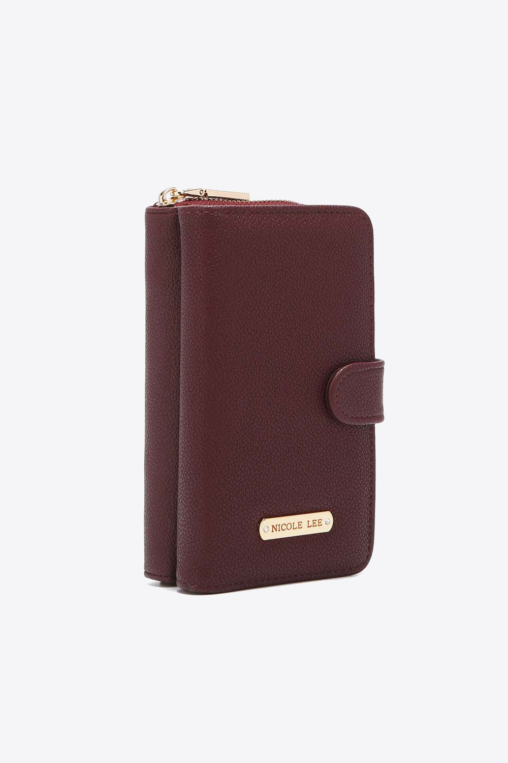 Nicole Lee USA Two-Piece Crossbody Phone Case Wallet in pebbled vegan leather, featuring a universal phone holder and multiple card slots.