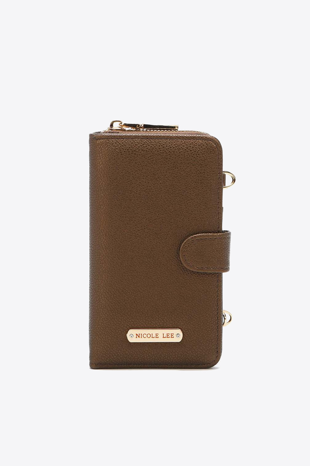 Nicole Lee USA Two-Piece Crossbody Phone Case Wallet in pebbled vegan leather, featuring a universal phone holder and multiple card slots.
