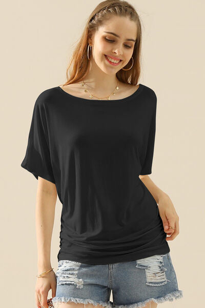 Ninexis Boat Neck Short Sleeve Ruched Side Top in soft fabric with elegant boat neckline and ruched side detailing.
