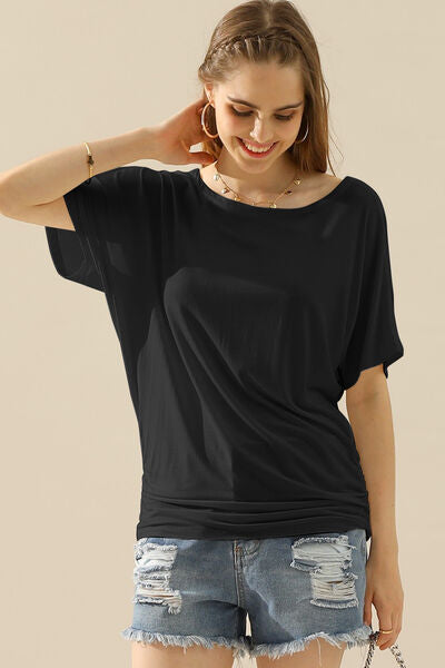 Ninexis Boat Neck Short Sleeve Ruched Side Top in soft fabric with elegant boat neckline and ruched side detailing.