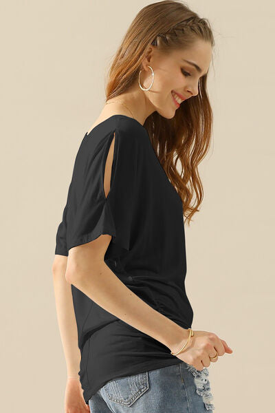 Ninexis Boat Neck Short Sleeve Ruched Side Top in soft fabric with elegant boat neckline and ruched side detailing.