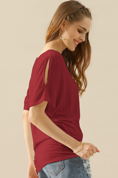 Ninexis Boat Neck Short Sleeve Ruched Side Top in soft fabric with elegant boat neckline and ruched side detailing.