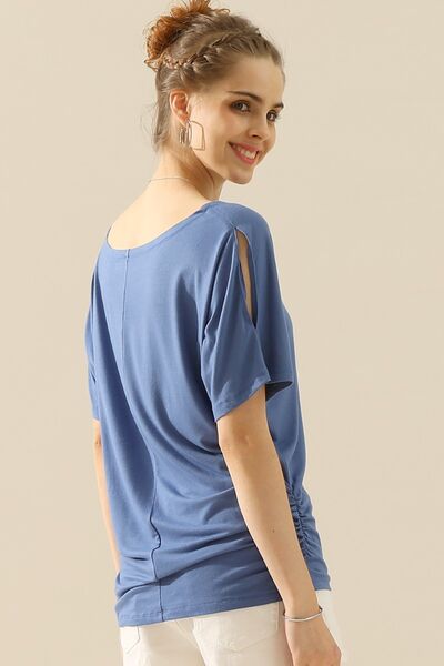 Ninexis Boat Neck Short Sleeve Ruched Side Top in soft fabric with elegant boat neckline and ruched side detailing.