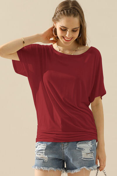 Ninexis Boat Neck Short Sleeve Ruched Side Top in soft fabric with elegant boat neckline and ruched side detailing.