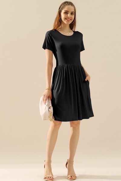 Ninexis Full Size Round Neck Ruched Dress in a stylish design featuring pockets, perfect for various occasions.