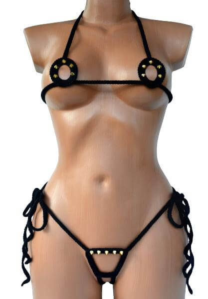 Nuna Extreme Crotchless Bikini Set in black, showcasing a sexy and stylish design made from 100% Turkish cotton yarn.