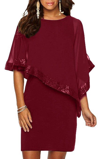 Elegant bordo short dress OBLEKA ARLET with round neckline and sequined sheer fabric.
