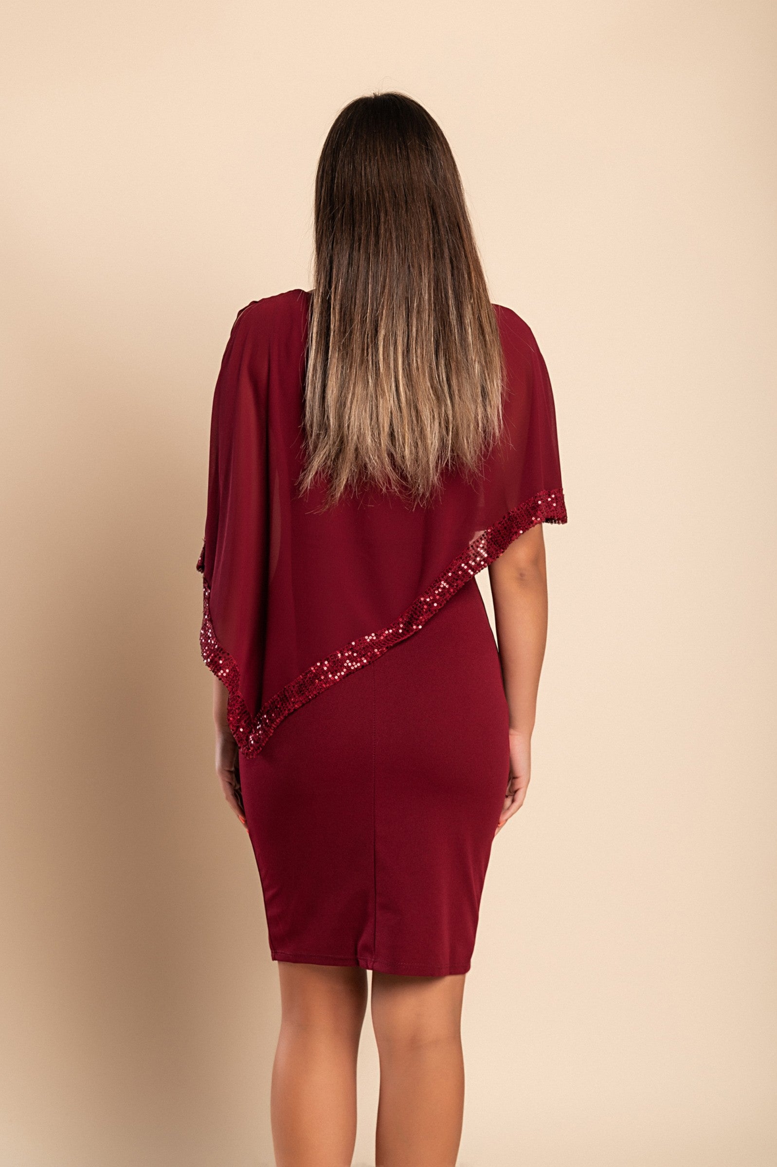 Elegant bordo short dress OBLEKA ARLET with round neckline and sequined sheer fabric.