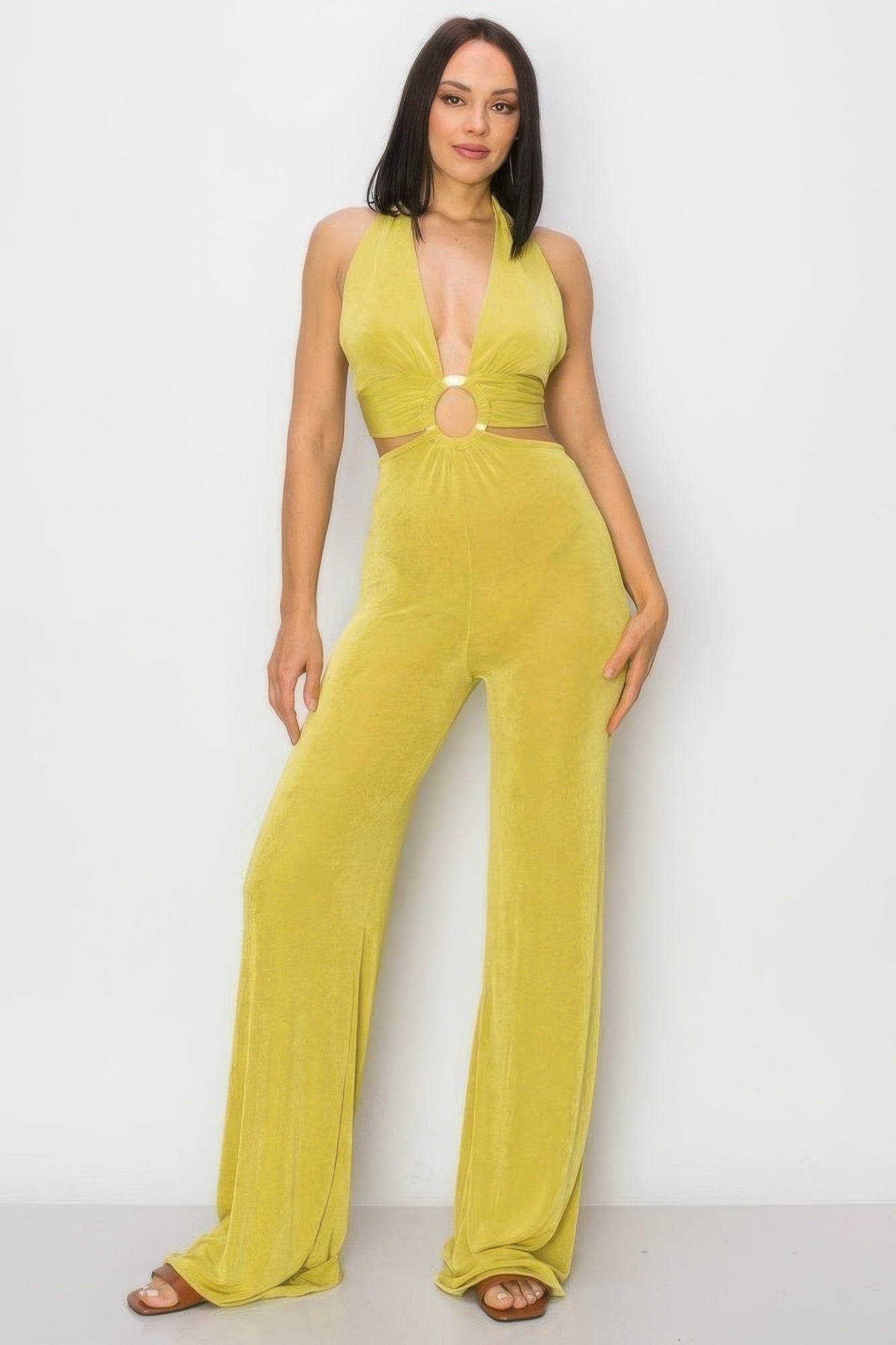 Solid Slinky Wide Legs Jumpsuit in vibrant lime green with modern o-ring detail, showcasing a chic wide-leg silhouette.