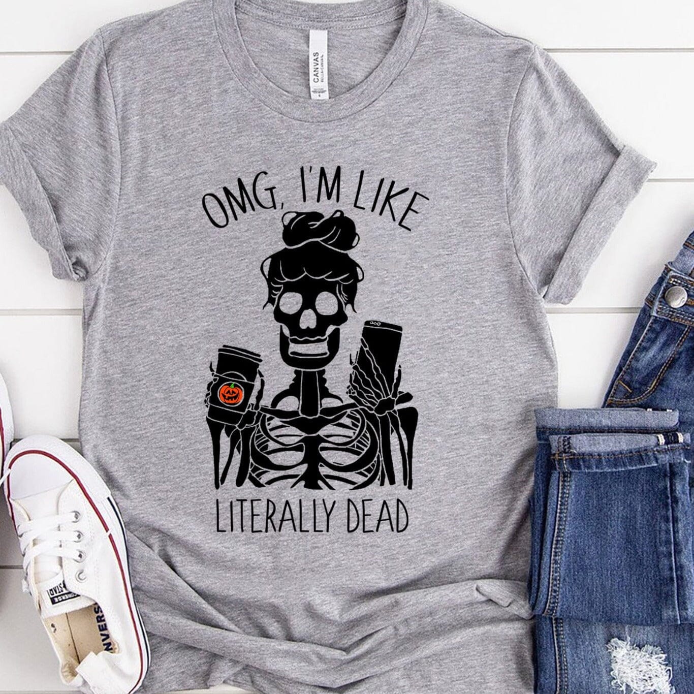 A stylish unisex t-shirt featuring the phrase 'OMG I'm Like Literally Dead' in a fun font, perfect for casual wear.