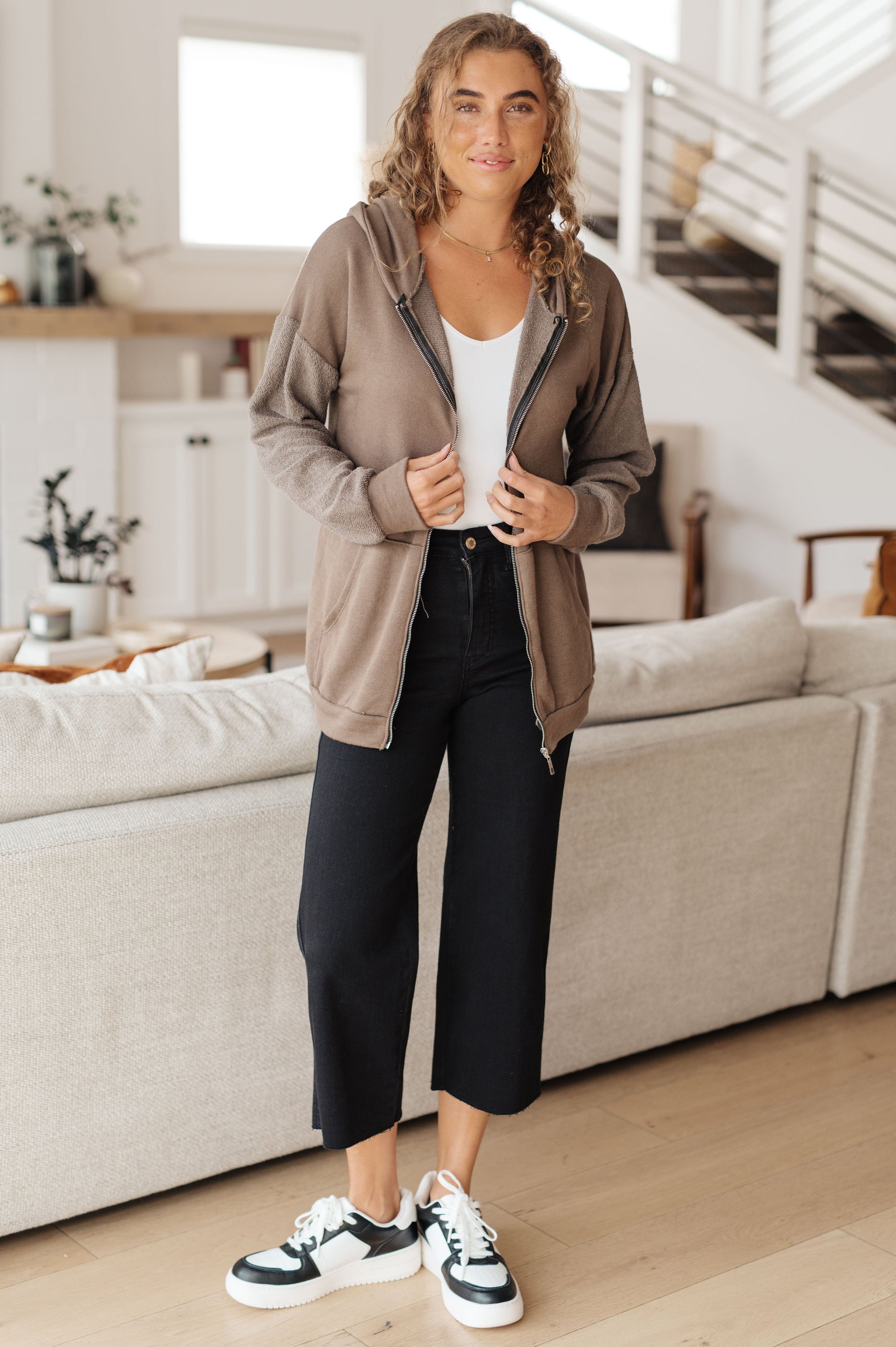 On And On Zip Up Hoodie in cozy french terry fabric with a hood and zip front, featuring dropped shoulders and pockets.