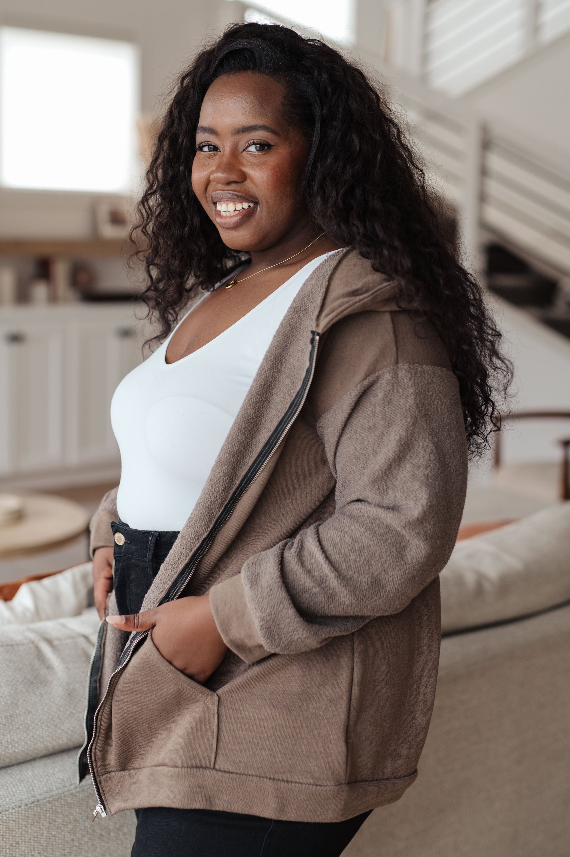 On And On Zip Up Hoodie in cozy french terry fabric with a hood and zip front, featuring dropped shoulders and pockets.