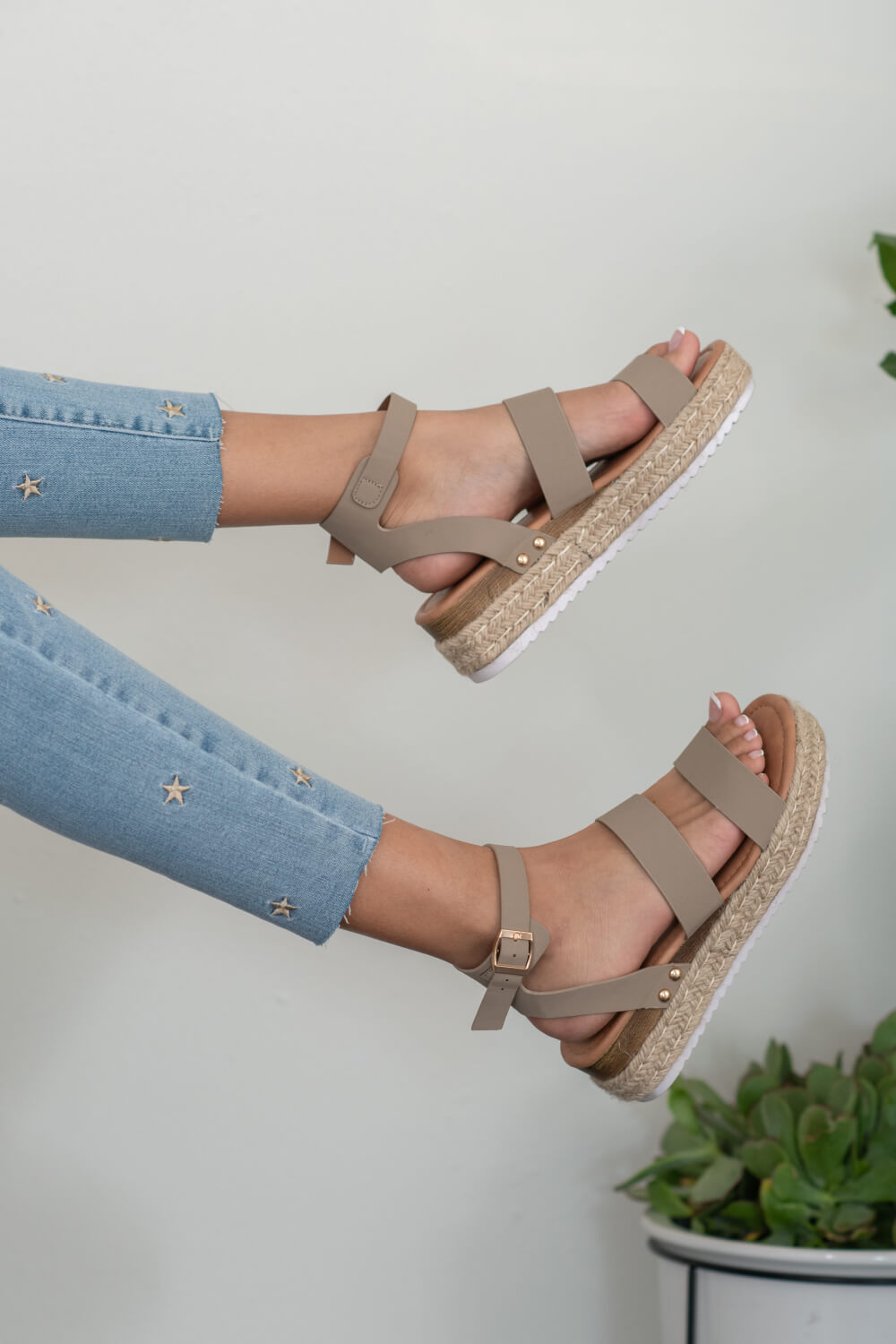 On the Doorstep Espadrille Platform Sandals in Taupe featuring a chunky platform sole and adjustable ankle strap, perfect for casual chic style.