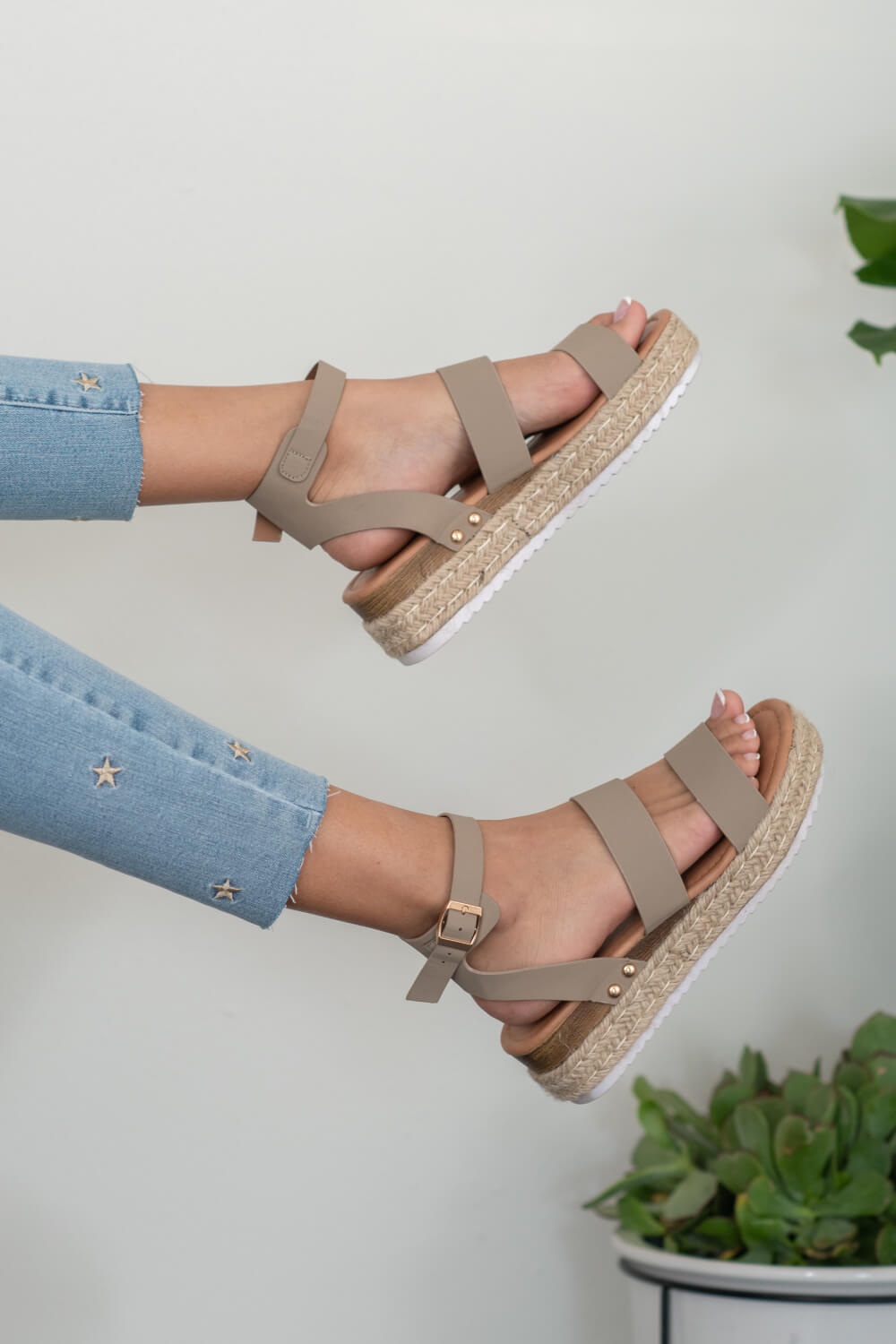 On the Doorstep Espadrille Platform Sandals in Taupe featuring a chunky platform sole and adjustable ankle strap, perfect for casual chic style.