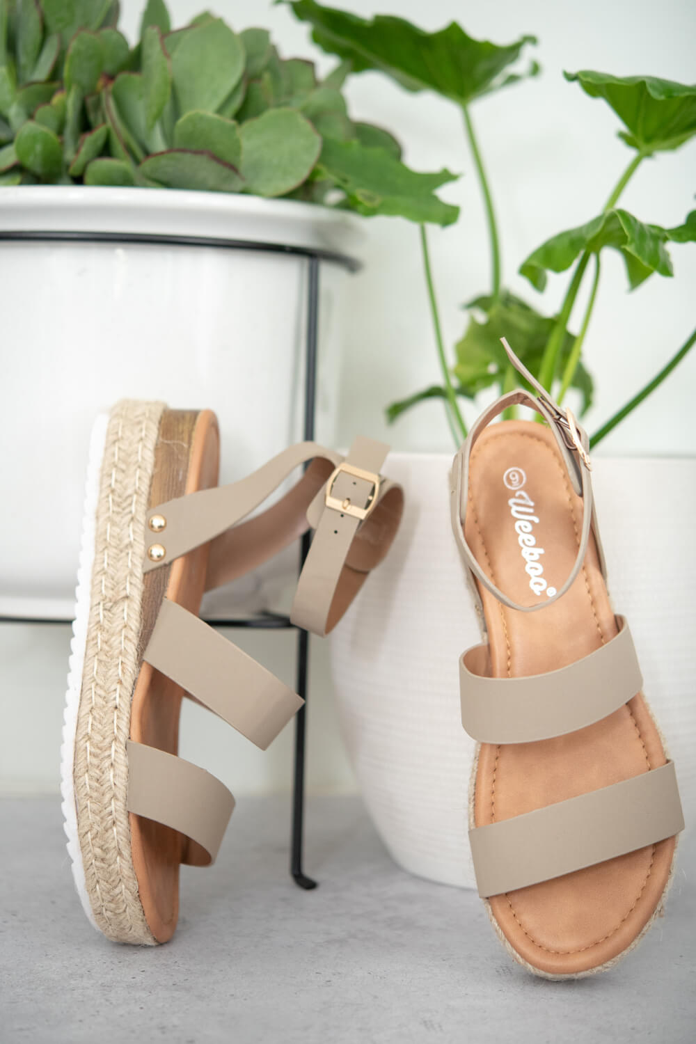 On the Doorstep Espadrille Platform Sandals in Taupe featuring a chunky platform sole and adjustable ankle strap, perfect for casual chic style.